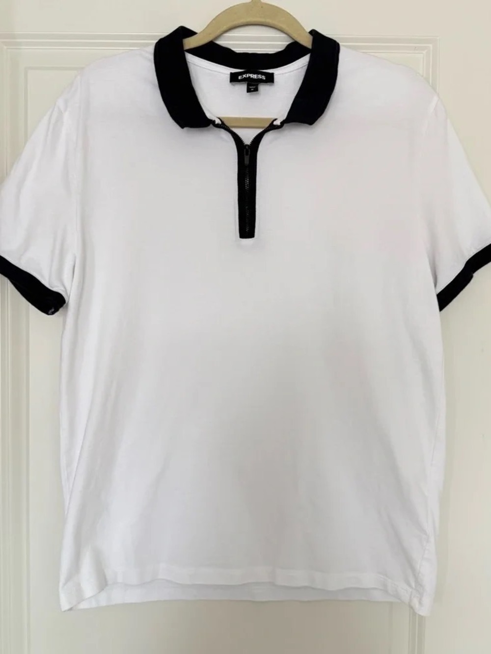 Express Men’s White Polo with Black Collar, Sleeve Trim and Zip
